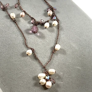 Pretty Real Fresh Water Pearl And Pink Glass Crystal Charm Necklace By Virgin - Picture 1 of 8