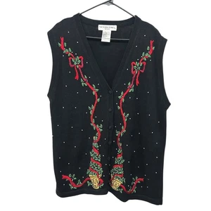 Holiday Embroidered Knit Sweater Vest Black 1X Tree Bow Pearl Detail Cabincore - Picture 1 of 8