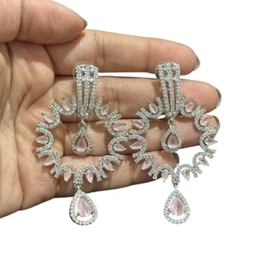 Pink Quartz Earrings White Gold Plated Cubic Zirconia CZ American Diamond AD - Picture 1 of 5