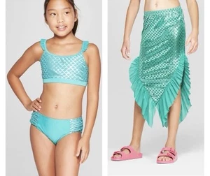 Cat & Jack 3 Piece Mermaid Bikini Swimsuit And tail Swim Skirt Girls Large 10/12 - Picture 1 of 8