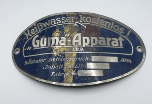 Altes Blechschild „Guma“-Apparat D.R.P. Heißwasser Kostenlos Antik Typenschild - Bild 1 von 2