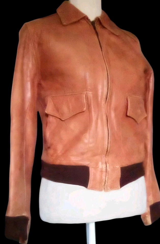 Chaqueta de Cuero Bombardero Estilo A1 Años 50 De Colección Bahía Oso Dorado De CA En Adolescente Talla XS Foto 1 de 4