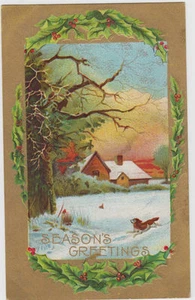 Season's Greetings Embossed Country Scene Postcard - Picture 1 of 2