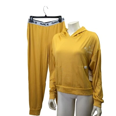 Hurley 女式黄色连帽衫和慢跑裤套装 Lg 码全新带标签 — 第 1/4 张图片