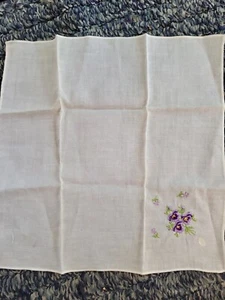 Linen Handkerchief 9.5 inch Square White Background Embroidered Pansies Purple - Picture 1 of 4
