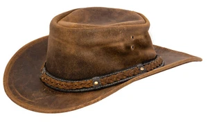 Cow-Boy Australien Véritable Cuir Chapeau Fauve Marron Ouest Outback Bush - Picture 1 of 3