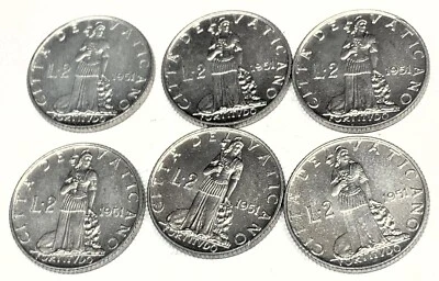 # C364  VATICAN CITY  COINS,  TWO  LIRE   1951    Unc.  ( 6 COINS ALL ALIKE ) - Image 1 of 2