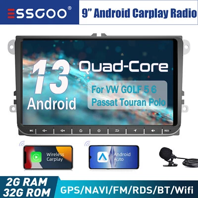 9" Autoradio 2+32G Carplay Android 13 GPS RDS BT Per VW GOLF 5 6 Touran Caddy T5 - Immagine 1 di 4