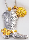 CLOSEOUT: Vintage Silver Cowgirl Boot w/Gold Roses & Rose Charm. 20" Chain.