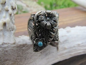 Antique Rare Chinese Silver Handmade Flower Cannetille Ring w/Turquoise Ring - Picture 1 of 6