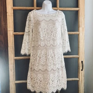 Jessica Howard Off White Lace Dress Sz 8 3/4 Sleeves Tan Lining Sheer Scalloped - Picture 1 of 13