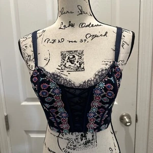 Victoria Secret Dream Angels TOP UNLINED CORSET Bejeweled Navy Embroidered NWT - Picture 1 of 8