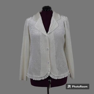 Chico's Crushed Velvet Blazer Keiler Ivory Ruffles sz 2 L Long Sleeves Unlined - Picture 1 of 16