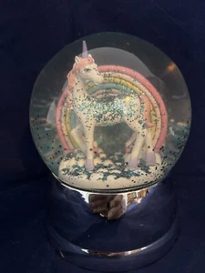 Unicorn Rainbow Snow Globe Lights Up Green and Silver Glitter Silver Base 6 " - Picture 1 of 10