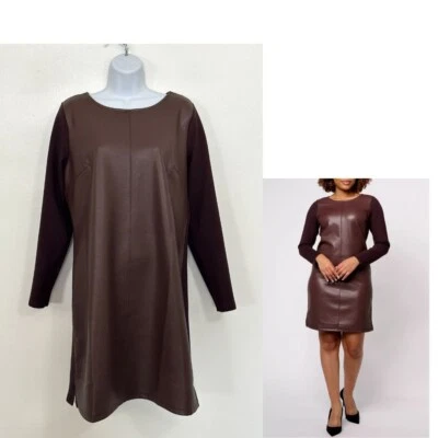 Kim Gravel Faux Leather Front Tunic Dress Knit Tan Brown M  Boho Career Office - Image 1 of 4
