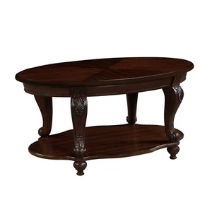 42'' oval wood coffee table for Living Room, 2-Tier Solid Wood Cocktail Table wi - Picture 1 of 11