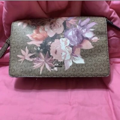 Bolso Bandolera Bolso de Mano GUESS Para Mujer Marrón Charol Logo Rosa Estampado Floral. Nuevo sin etiquetas Foto 1 de 4