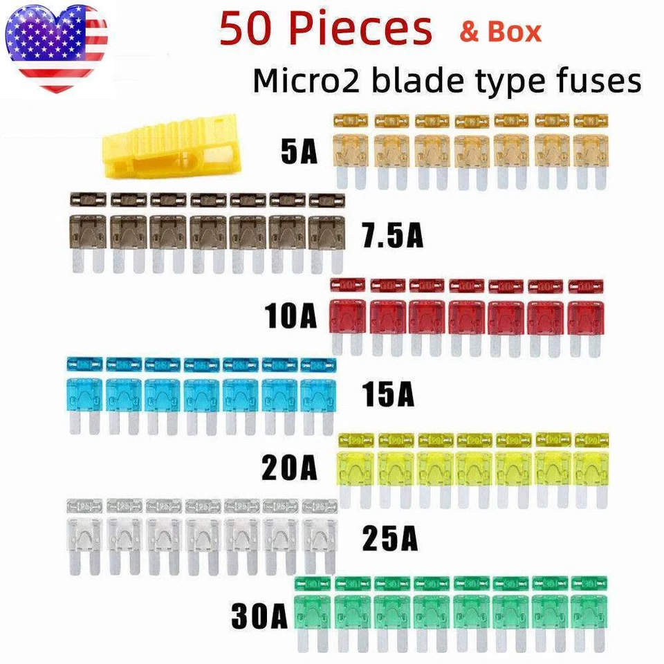 50pcs Micro2 Blade Fuses Assorted Kit Car Truck 30A 25A 20A 15A 10A 7.5A 5A - Image 1 of 4