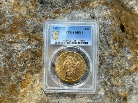 1884-CC Double Eagle PCGS MS61 $20 Liberty Head Carson City Minted Shield Holder Cover