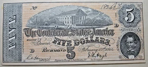 Confederate States of America Reproduction 1864 Five Dollar Note - Picture 1 of 2