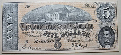 Confederate States of America Reproduction 1864 Five Dollar Note - Image 1 of 2