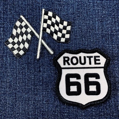 2-Pack Route 66 & Checkered Flags Patch Set - Embroidered Racing Badges Iron On - Image 1 of 2