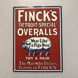 VTG 12X9” Finck's Detroit Special Overalls Pig Advertising Porcelain Enamel Sign - Picture 1 of 4