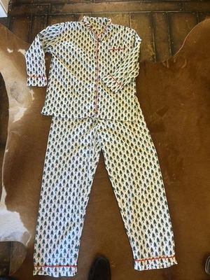 Marigot Womens Cotton Pajama Set M White & Green Pine Trees Christmas FAST SHIP  - Image 1 of 4