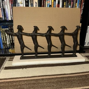Canine Conga Line Dog Metal Statue on Marble Base Art Bronze - Picture 1 of 7