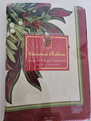 Christmas Ribbons Jacquard Printed 60" X 104" Oblong Xmas Ribbons New Easy Care - Image 1 of 4