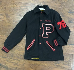Vintage Varsity Letterman Jacket Wool Karen Panthers Black Red #78 Women S/M - Picture 1 of 22
