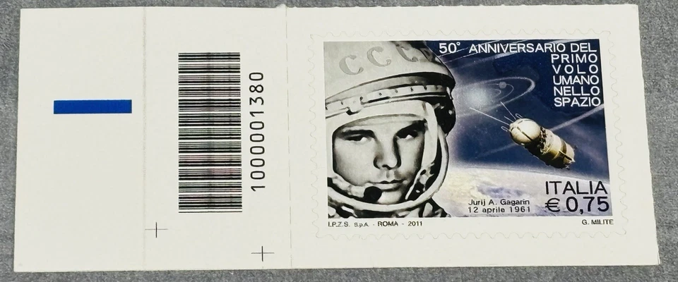 ITALIA 2011 PRIMER VUELO HUMANO EN EL ESPACIO SELLO NUEVO CON CÓDIGO DE BARRAS - Imagen 1 de 1