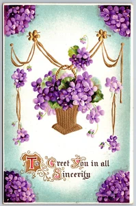Postal para saludarte en toda sinceridad violetas flores en relieve dorado UNP - Imagen 1 de 2