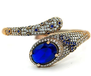 Brazalete de plata de ley 925 con zafiro azul tratado estilo Imperio Otomano 14 quilates TP4 - Imagen 1 de 3