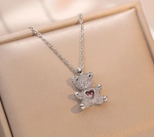 Trendy Silber Liebe Herz Teddybär Pave CZ Anhänger Kette Halskette Geschenk 17 Zoll - Bild 1 von 9