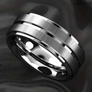 Men 8mm Tungsten Brushed Gunmetal Grooved Center/Blue Beveled Edges Wedding Band - Picture 1 of 39