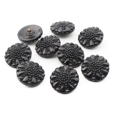 Lot (9) Czech vintage marcasite floral effect black glass buttons 22mm - Image 1 of 2