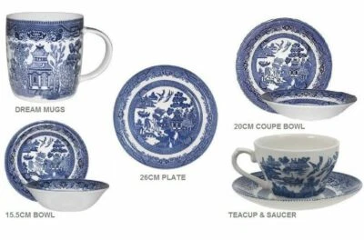 CHURCHILL CHINA SET OF SIX CHURCHILL BLUE WILLOW CHINA PLATE MUG TEA CUP SAUCER BOWL DINNER