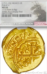 MEXICO 2 ESCUDOS 1711 NGC 64 “1715 FLEET” 300th ANNIVERSARY  PIRATE GOLD COINS - Picture 1 of 10