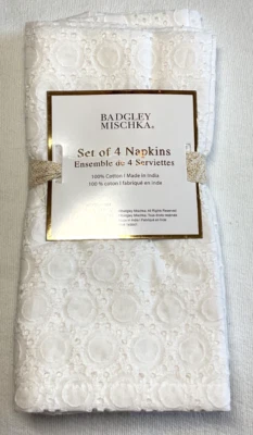 Badgley Mischka Cloth Napkins WHITE EYELET CIRCLES 18x18”NIP - Image 1 of 2