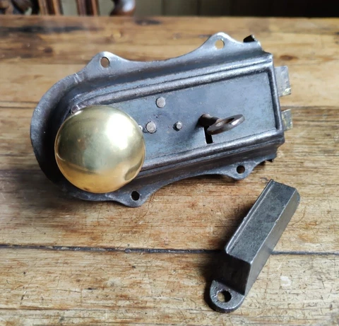 Restored Victorian Rim Lock, Original Keep, Victorian Brass Knobs & Key. R/H fit Cover