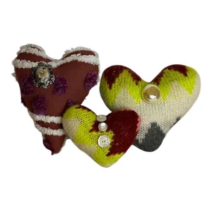 3 NEW Handmade Heart Pillows  Vintage Sweater  Old Chenille  Valentine’s Day - Picture 1 of 12