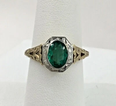  Victorian Two Tone 14K Yellow & White Gold .81ct Oval Columbia Emerald Ring  - Image 1 of 4