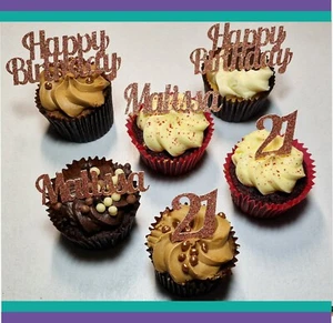 Personalised Happy Birthday, Age, Name Glitter Cupcake Toppers various colours - Picture 1 of 10