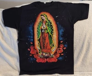 OUR LADY OF GUADALUPE STARS ROSE FLOWER SKY RELIGION VIRGIN MARY T-SHIRT - Picture 1 of 2