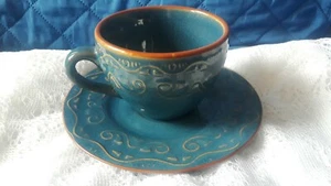 PIER 1 Tunisia Blue Green W/ Tan Trim Cup And Saucer Stoneware Unique Rare - Picture 1 of 4