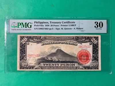 1936 PHILIPPINES TREASURY CERTIFICATE 20 PESOS MT MAYON D902740D P-85a PMG VF 30 - Image 1 of 2