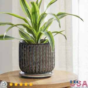 Ceramic Planter W/ Saucer Drainage Hole Indoor Outdoor Pot 8 Inch Modern Design - Picture 1 of 5