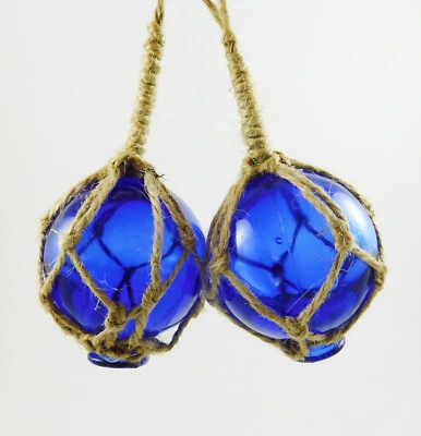 Glass Float Two Nautical Buoys 2"/5cm Dia With Rope Hangers  2 x Blue - Image 1 of 4
