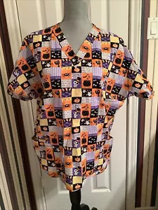 H.Q. Women’s Scrub Top Large Halloween Pumpkin Cat Orange - Picture 1 of 7